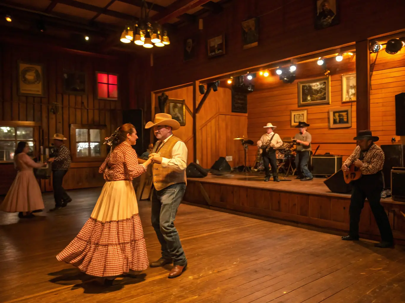 Couples and individuals dancing lively country line dances in a spacious, decorated hall, showcasing the fun and inclusive atmosphere of WCC dance sessions.