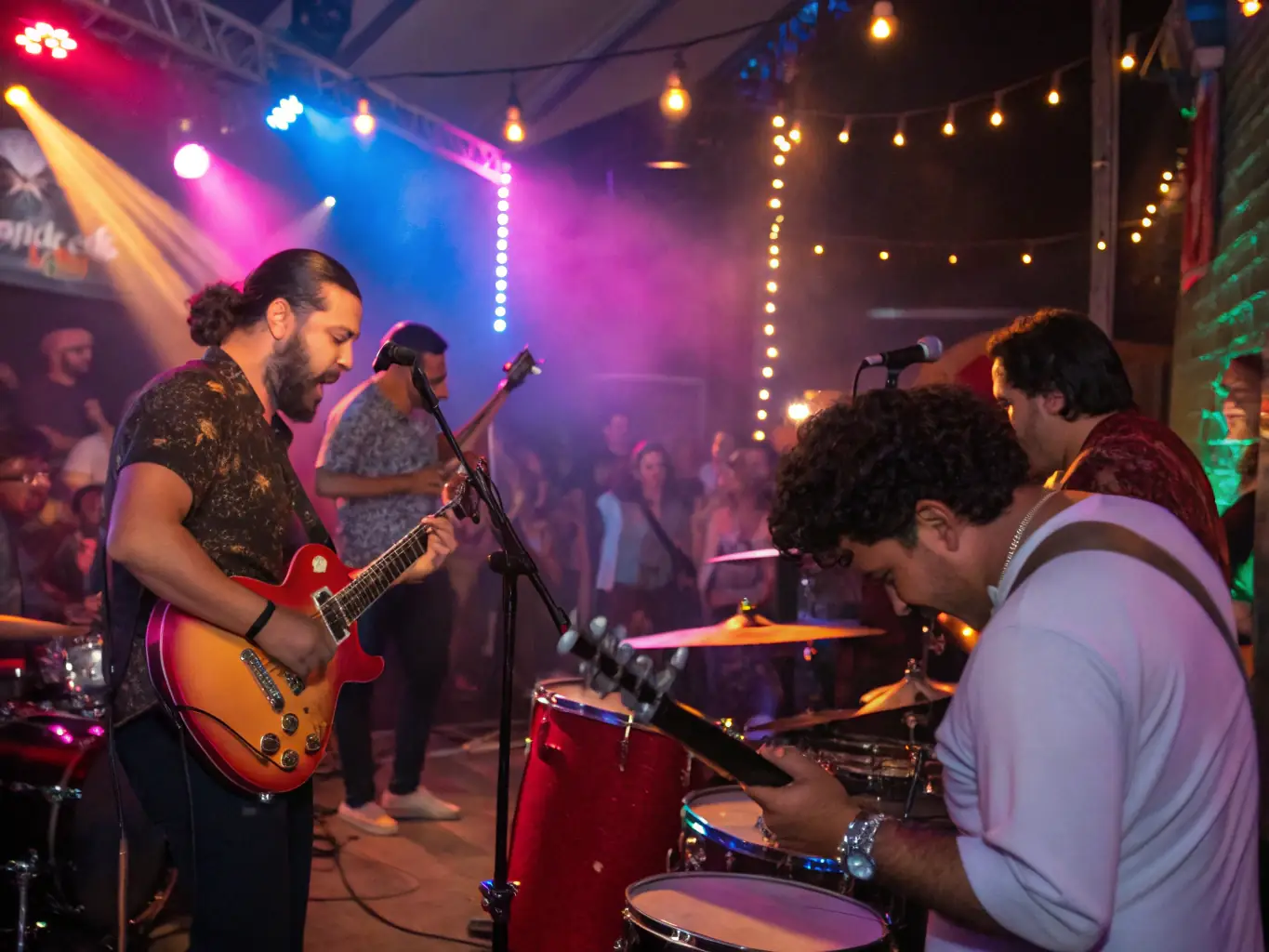 A lively stage with country musicians performing, surrounded by an enthusiastic audience enjoying the music, capturing the vibrant atmosphere of a WCC country music concert.