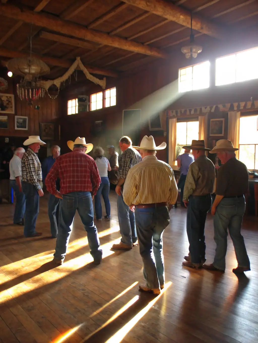 A photo of a group of people participating in a country dance session at the Western Country Club, showcasing various dance styles and a friendly environment.