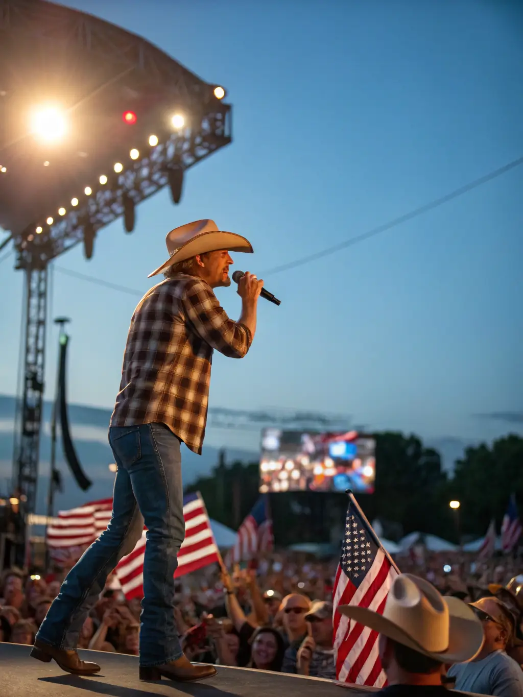A scenic shot of a group of Western Country Club members on a trip to a country music festival, showcasing outdoor enjoyment and cultural exchange.